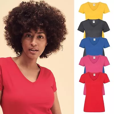 Buy Ladies V Neck T-Shirt Lady Fit Plain Cotton Short Sleeve Top Fruit Of The Loom • 5.50£