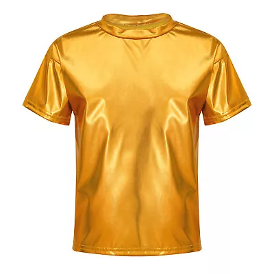 Buy Boys Girls Shiny Metallic T-Shirts Round Neck Short Sleeve Dance Tops Dancewear • 8.52£