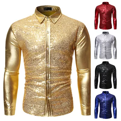 Buy Mens Sequin Shiny Button Shirt Long Sleeve Nightclub Latin Dance T-Shirt Tops UK • 12.03£