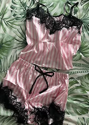 Buy Cute Pink White Stripped Satin Pyjama Set Size M • 19.99£
