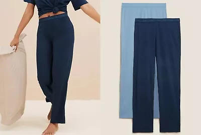 Buy Ex Famous Store Ladies Cotton Pyjama Lounge Pants Bottoms Navy Light Blue Elasti • 9.86£