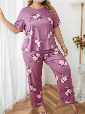 Buy Pyjama Set Plus 20 22 24 26 Ladies Pink Floral Stretch Loungewear Lightweight • 11.99£