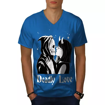 Buy Wellcoda Deadly Love Skeleton And Devil Girl Mens V-Neck T-shirt • 17.99£