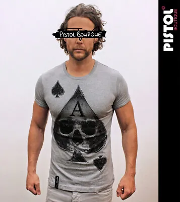 Buy Pistol Boutique Mens Grey Fitted Rolled Sleeve SKULL ACE OF SPADES T-shirt SALE • 15£