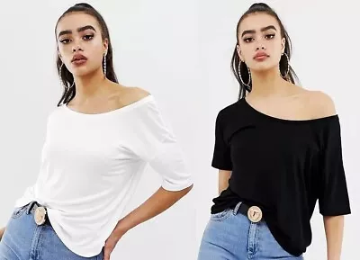 Buy Womens Cold Shoulder Off Plain T Shirt Neck Oversized Ladies Baggy Top Bardot • 5.99£