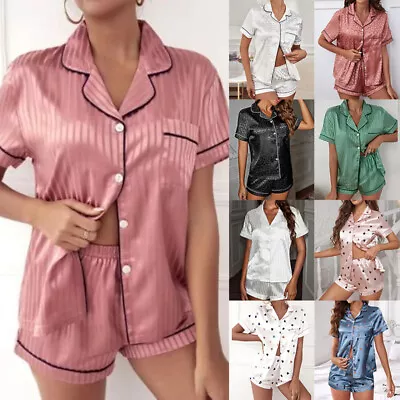 Buy Womens Satin Pyjamas Nightwear Set Ladies Short Sleeve Button Down Sleepwear PJs • 2.99£
