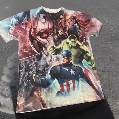 Buy Vintage Marvel Avengers Age Of Ultron All Over Print LG 100% Polyester Hulk Tee • 28.94£