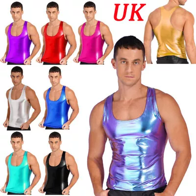 Buy UK Mens Shiny Metallic Sleeveless Racer Back Slim Fit Camisole Tank Top Vest Top • 10.99£