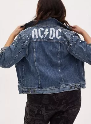Buy Torrid Denim Boyfriend Jacket Distressed AC/DC Medium Wash Sz 3 • 60.68£