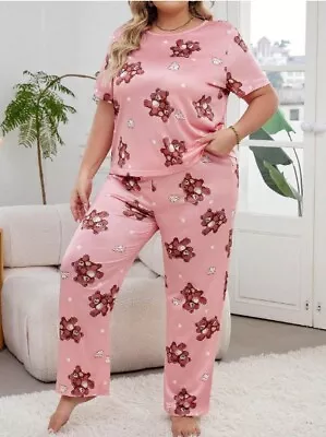 Buy Pyjama Set Plus 20 22 24 26 28 Pink Cute Teddy Bear Stretch Loungewear Comfort • 12.50£