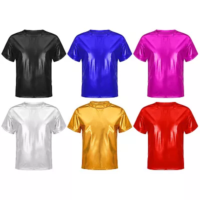 Buy Boys Girls Shiny Metallic T-Shirts Round Neck Short Sleeve Dance Tops Dancewear • 10.30£