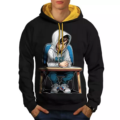 Buy Wellcoda Boy Sitting At Desk With Serious Expression Mens Contrast Hoodie • 32.99£