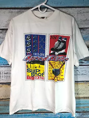 Buy Vintage White Speed Skates Ice Hockey Slap Shot Stamps Single Stitch Shirt Sz XL • 17.50£