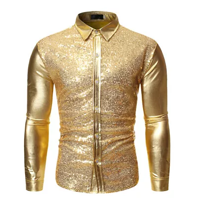 Buy Mens Sequin Shiny Button Shirt Long Sleeve Nightclub Latin Dance T-Shirt Tops UK • 12.98£