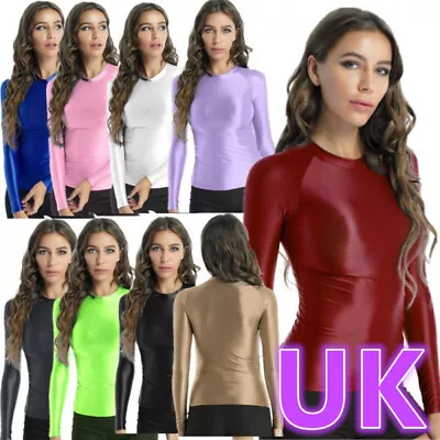 Buy UK Women Shiny Shirts Long Sleeve Crop Top Stretchy Slim Fit Yoga T-shirt Blouse • 14.98£