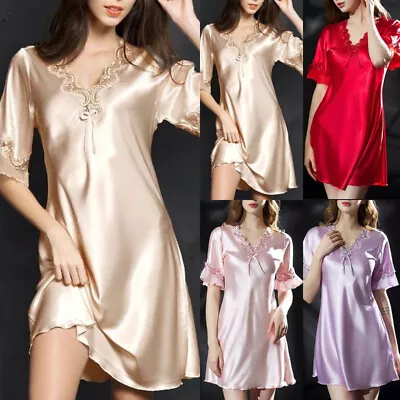 Buy Women Lace Satin Nightdress Nightwear Short Sleeve Nighty Pyjamas Loungewear PJs • 9.29£