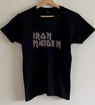 Buy Iron Maiden Official Glitter Logo Rhinestone T Shirt Womens Fit Size L VGC • 24.99£