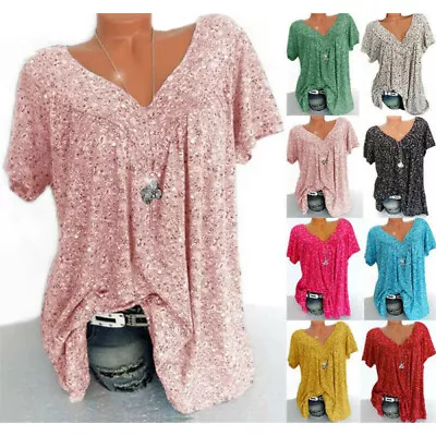 Buy Ladies Short Sleeve V Neck Tee T Shirt Womens Casual Loose Blouse Tops Plus Size • 8.25£