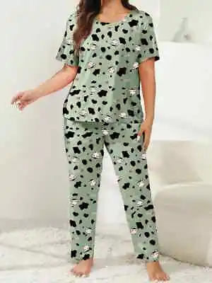 Buy Pyjama Set Plus Size 18 Ladies Green Cartoon Cute Cow Stretch Loungewear • 11.90£