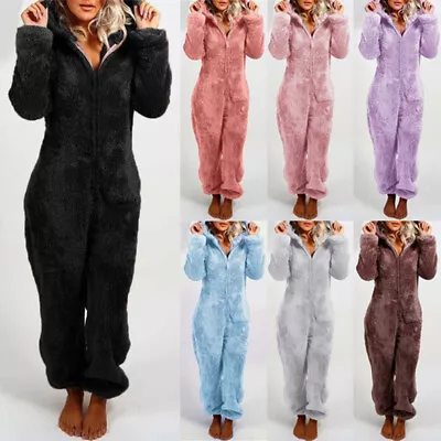 Buy Womens Hooded Teddy Bear Fluffy Fleece Jumpsuit 1Onesie Playsuit Romper Pyjamas • 10.89£