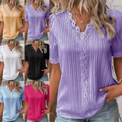 Buy Womens Solid V Neck Summer T Shirt Ladies Blouse Short Sleeve Tops Plus Size UK • 10.59£