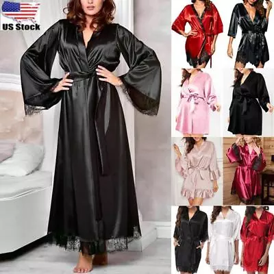 Buy Women Satin Silk Bathrobe Nightwear Dress Kimono Pajamas Bride Dressing Gown • 4.53£