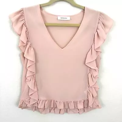 Buy Anine Bing Women's 100% Silk Ruffled V Neck Blouse Top Pink Size XS • 41.93£