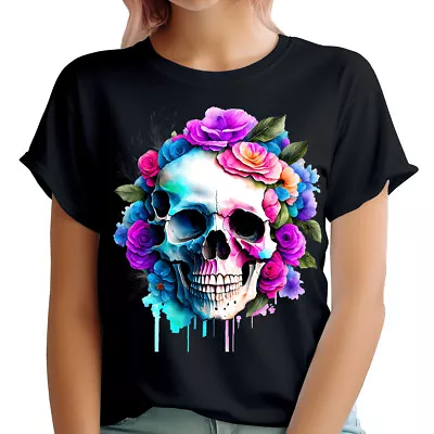 Buy Colorful Flower Skull Slogan Rocker Biker Skeleton Womens T-Shirts Tee Top #6ED • 9.99£