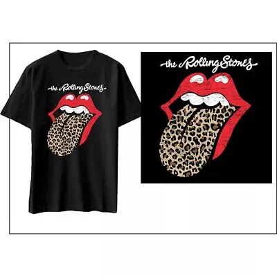 Buy ROLLING STONES -Official Unisex T-Shirt:  Leopard Print Tongue - Black Cotton • 14.99£