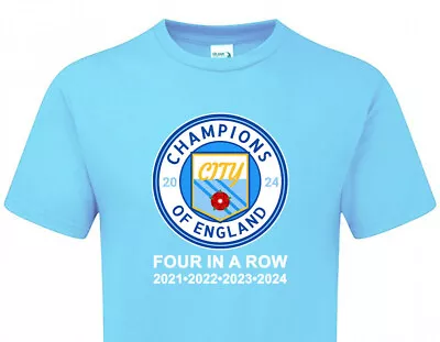 Buy Manchester City CHAMPIONS Of England 2024 TSHIRT Fanmade Large Crest 4 IN A ROW • 14.95£
