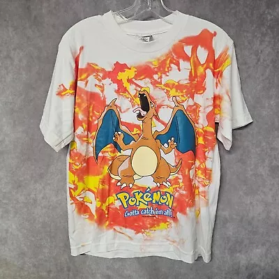Buy RARE Vintage Y2K Pokemon Nintendo 2000 Charizard AOP Flames Shirt Youth L EUC • 232.97£