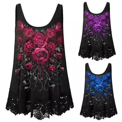 Buy Plus Size Womens Lace Gothic Punk Tank Tops Vest Ladies Rose Cami T Shirt Blouse • 10.49£