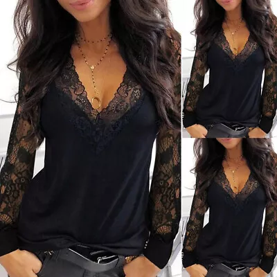 Buy Womens Sexy Lace Tunic Tops Ladies Long Sleeve V Neck Gothic T Shirt Blouse Size • 6.19£