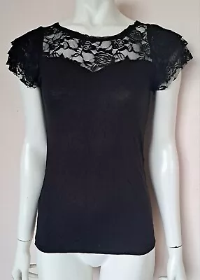 Buy Black Spiral Direct Lace Neck T-shirt Top Sz S 10 Gothic UK • 9.99£