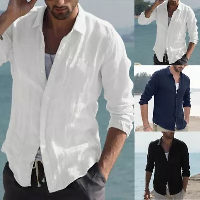 Buy Mens Button Long Sleeve Collared Blouse T-Shirts Casual Cotton Linen Plain Tops • 13.39£