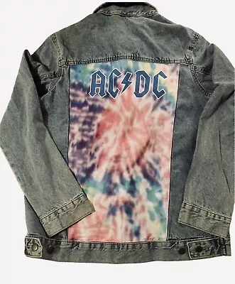 Buy AC/DC Denim Jacket Size Small Tie Dye Vintage Blue Jean Jacket • 18.63£