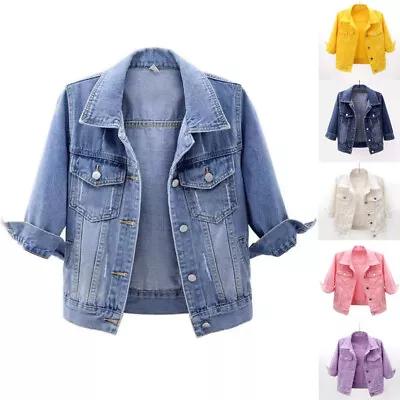 Buy Womens Denim Jacket Womens Coat Color Plain Top Button Up Ladies Short Jean Top* • 15.72£