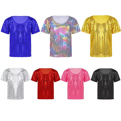 Buy UK Girls Boys Kid Shiny Metallic Short Sleeve T-Shirt Top Jazz Hip-Hop Dancewear • 7.74£