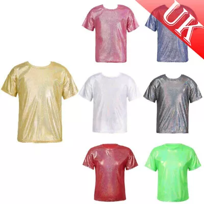 Buy UK Girls Boys Shiny Plain T-shirt Short Sleeve Sparkly Jazz Dance Tops Dancewear • 10.99£