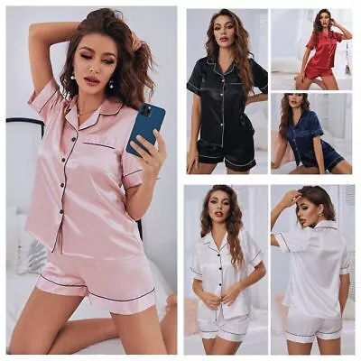 Buy Women Satin Pyjamas Nightwear PJs Set Ladies Silk Short Sleeve Button Sleepwear • 7.45£