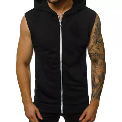 Buy Mens Hoodie Sleeveless T-shirt Gym Fitness Workout Muscle Zipper Tank Top • 10.07£