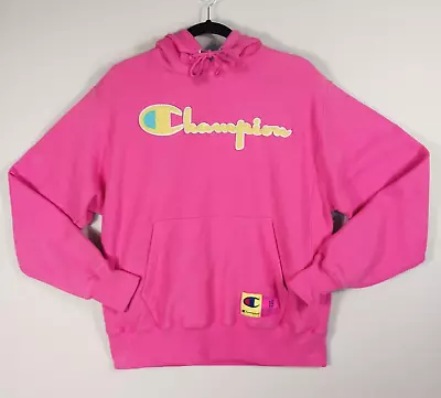 Buy Champion Reverse Weave Womens Hoodie Pink Yellow Chenille Spell Out Logo Medium • 32.68£