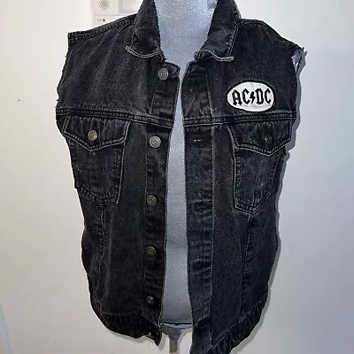 Buy AC DC Patch Denim Cut-Off Jacket Vest  Back In Black  1980 Black Washed Small S • 22.41£