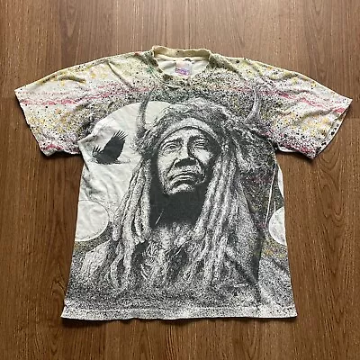 Buy Vtg Thrash Native American Indian Chief Eagle AOP All Over L Liquid Blue Style • 27.03£