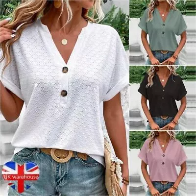 Buy Womens V-Neck Tops Summer Short Sleeve Blouse Casual Loose Tee T Shirt Plus Size • 10.98£