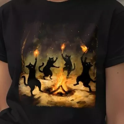 Buy Black Cat Dance Around Bonfires Spooky Witchcraft Halloween Unisex T-Shirt • 17.73£