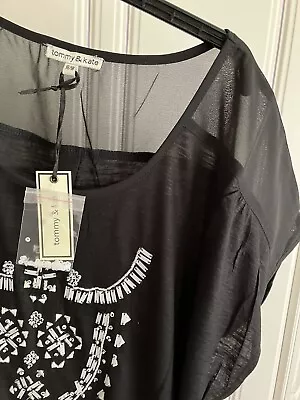 Buy BNWT Black Silver Embellished T-Shirt Dipped Hem Long Casual Goth UK Size 16-18 • 9.99£