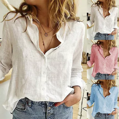 Buy Womens Plain Blouse Cotton Linen T-Shirt Ladies Casual Long Sleeve Baggy Tops • 8.65£
