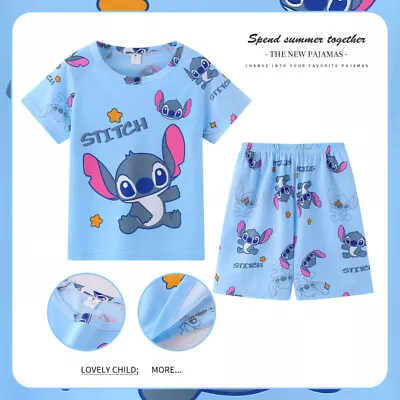 Buy Boys Girls Cartoon Stitch Pyjamas Kids Short Sleeve T-Shirt Shorts Nightwear Set • 6.64£