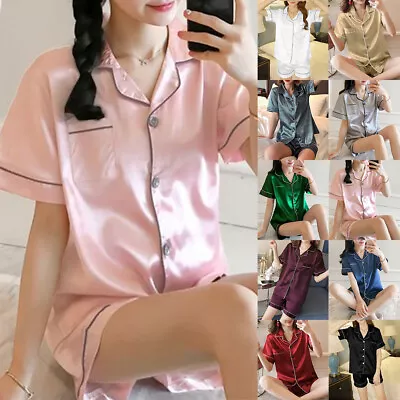 Buy Womens Satin Silk Pyjamas Nightwear Set Ladies Short Sleeve Button Sleepwear PJs • 9.19£